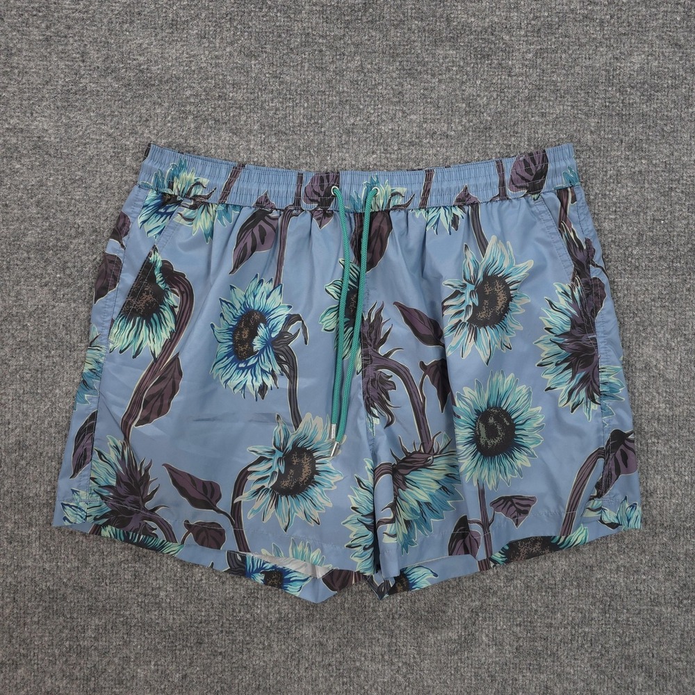 Paul Smith Swim Trunks Mens L Blue Sunflower Floral Lined Beach Shorts Quick Dry